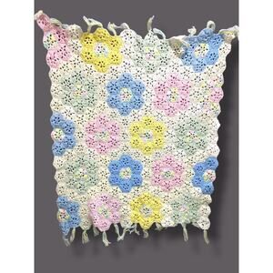 Vintage Crochet Baby Blanket Pastels Floral 40" Square Handmade